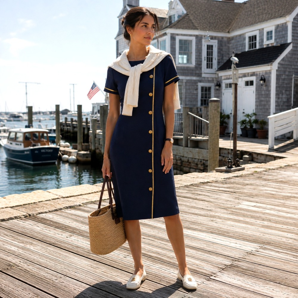 VTG Misty Lane Womens Preppy Nautical Midi Dress Size 10 Old Money Sailor Travel
